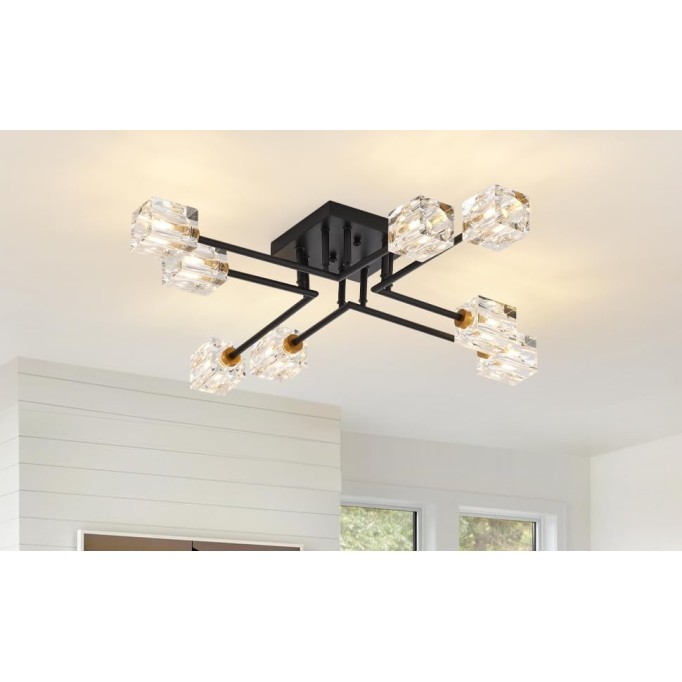 8-Lights Semi Flush Mount Ceiling Light K9 Crystal Modern Chandelier Brass and Matte Black Farmhouse Sputnik Ceiling Lighting Fixtures for Dining Room Living Room Kitchen Bedroom, UL Listed