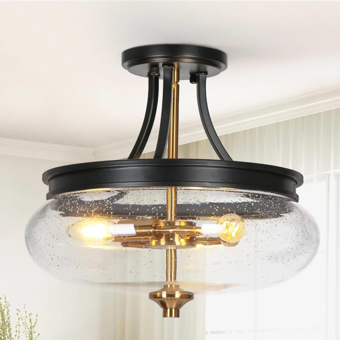 Semi Flush Mount Ceiling Light, Black Gold Close to Ceiling Light Fixture 3 Light Modern Farmhouse Ceiling Light with Seeded Glass for Kitchen Bedroom Hallway Entryway