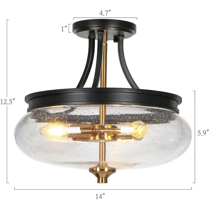 Semi Flush Mount Ceiling Light, Black Gold Close to Ceiling Light Fixture 3 Light Modern Farmhouse Ceiling Light with Seeded Glass for Kitchen Bedroom Hallway Entryway