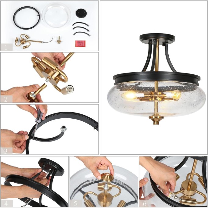 Semi Flush Mount Ceiling Light, Black Gold Close to Ceiling Light Fixture 3 Light Modern Farmhouse Ceiling Light with Seeded Glass for Kitchen Bedroom Hallway Entryway