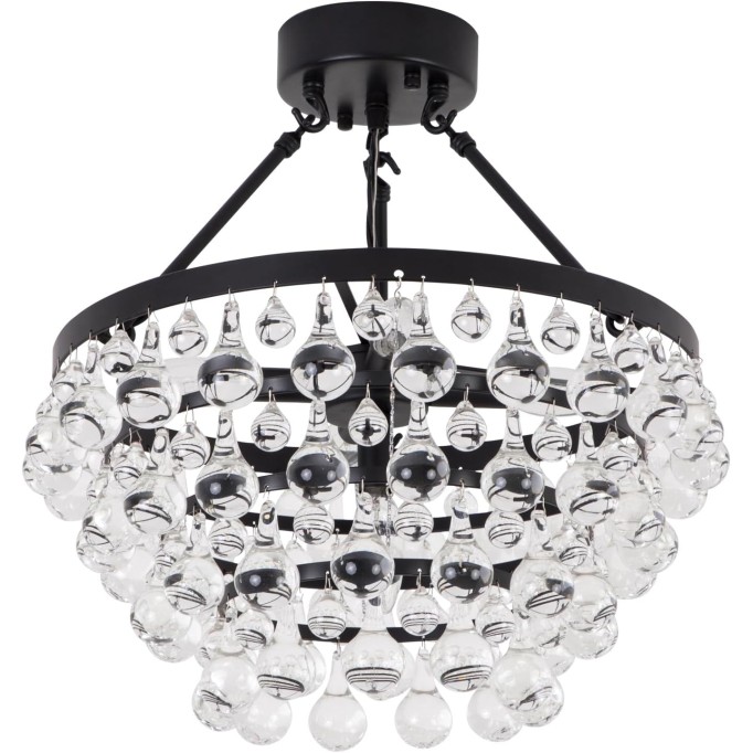 Modern 5- Light Crystal Ceiling Light Fixture, Matt Black Semi Flush Mount Ceiling Light Fixture, Small Chandelier with crystal raindrop shade for Hallway, Bedroom, Dinner Room, Closet, Foyer