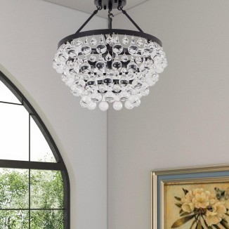 Modern 5- Light Crystal Ceiling Light Fixture, Matt Black Semi Flush Mount Ceiling Light Fixture, Small Chandelier with crystal raindrop shade for Hallway, Bedroom, Dinner Room, Closet, Foyer