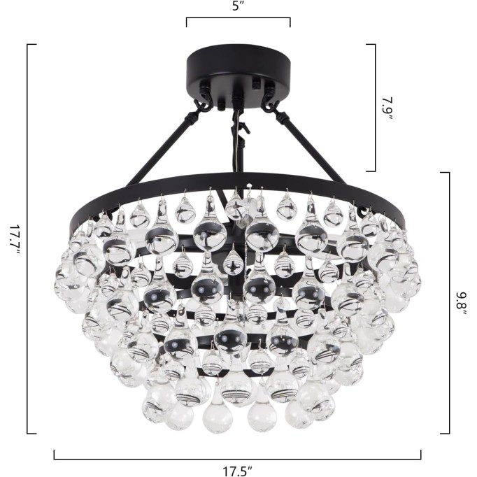 Modern 5- Light Crystal Ceiling Light Fixture, Matt Black Semi Flush Mount Ceiling Light Fixture, Small Chandelier with crystal raindrop shade for Hallway, Bedroom, Dinner Room, Closet, Foyer