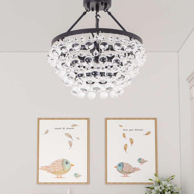 Modern 5- Light Crystal Ceiling Light Fixture, Matt Black Semi Flush Mount Ceiling Light Fixture, Small Chandelier with crystal raindrop shade for Hallway, Bedroom, Dinner Room, Closet, Foyer