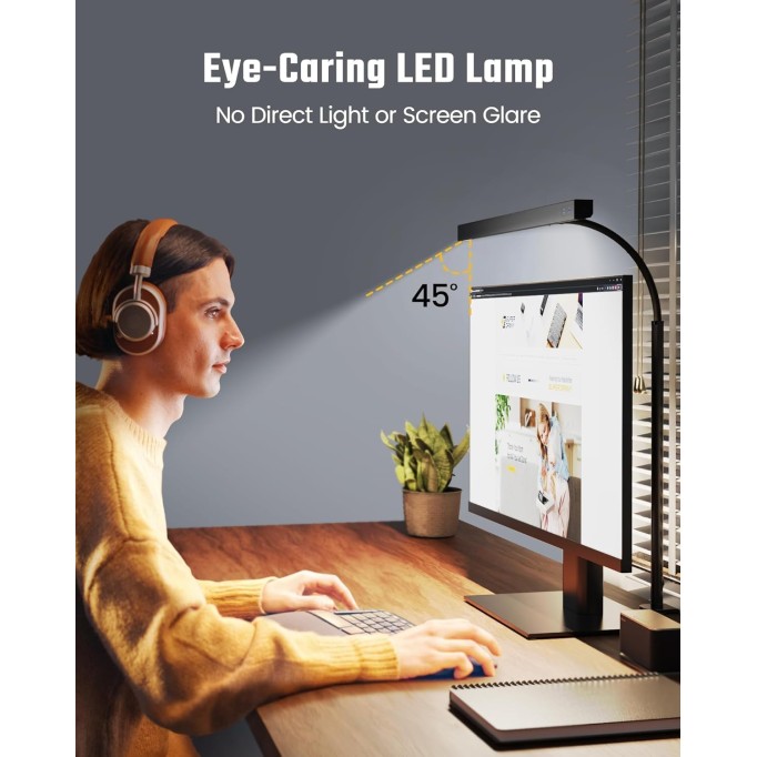 LED Desk Lamp for Office Home, Eye-Caring Desk Light with Adjustable Gooseneck, 12W Touch Control Dimmable Brightness, Architect Clamp Lamp with USB Adapter for Reading Study Workbench