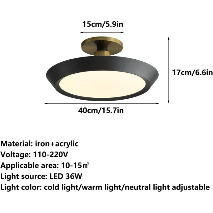 Circular Simple Semi Flush Mount Ceiling Light Fixture Warm/Cold/Neutral Light is Adjustable Ceiling Lamp Iron Lamp Body Indoor Chandelier Lighting for Living Room, Study and Laundry Room